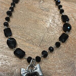 Elegant Black crystal Beaded Necklace with Silver Bow pendant (handmade)!